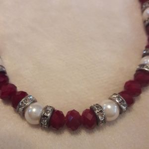24" Handmade Synthetic Pearl & Garnet Colored Neck